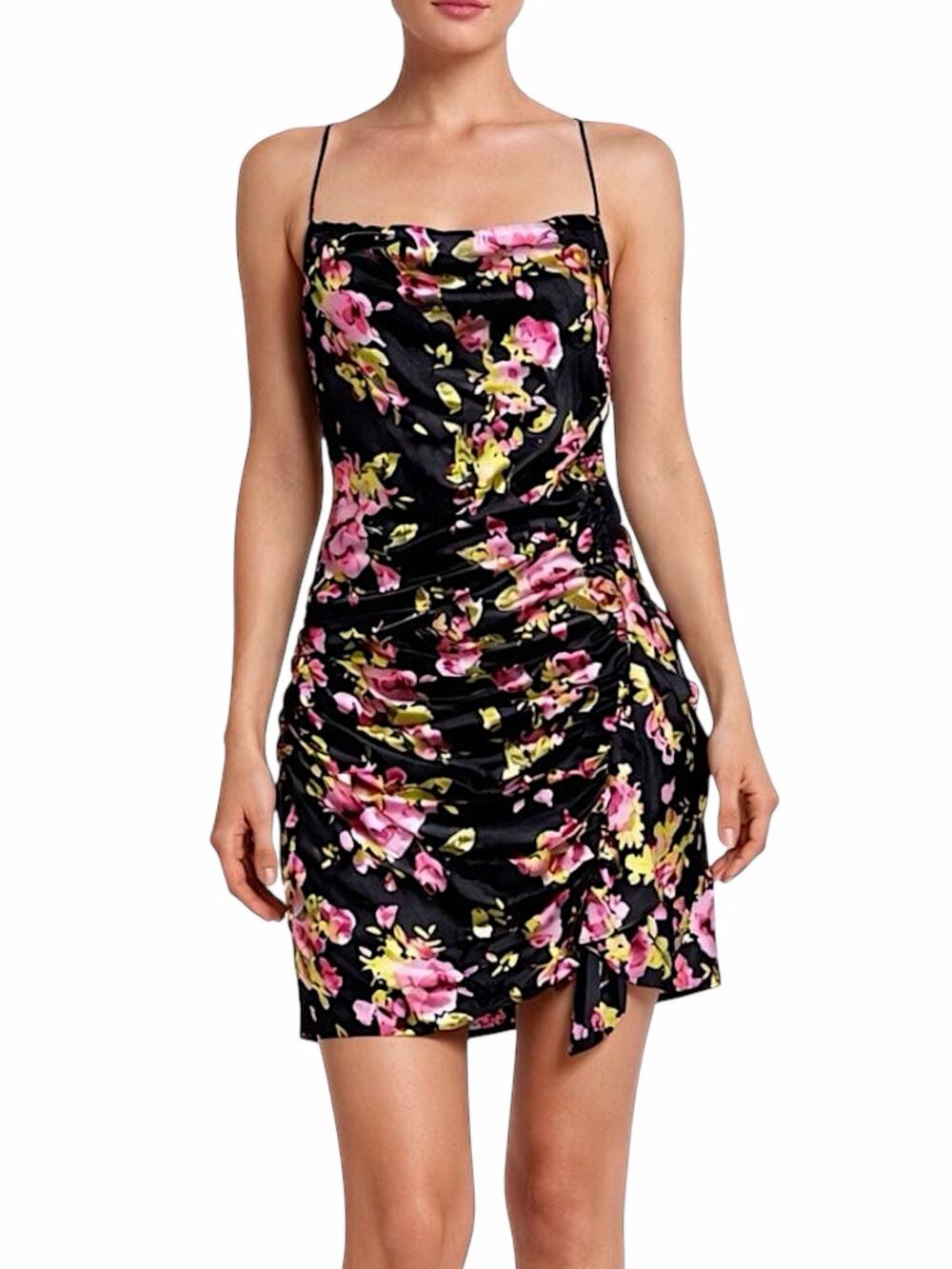 Likely Asta Floral Print Satin Mini Dress Ruffle Side Ruch Size 6